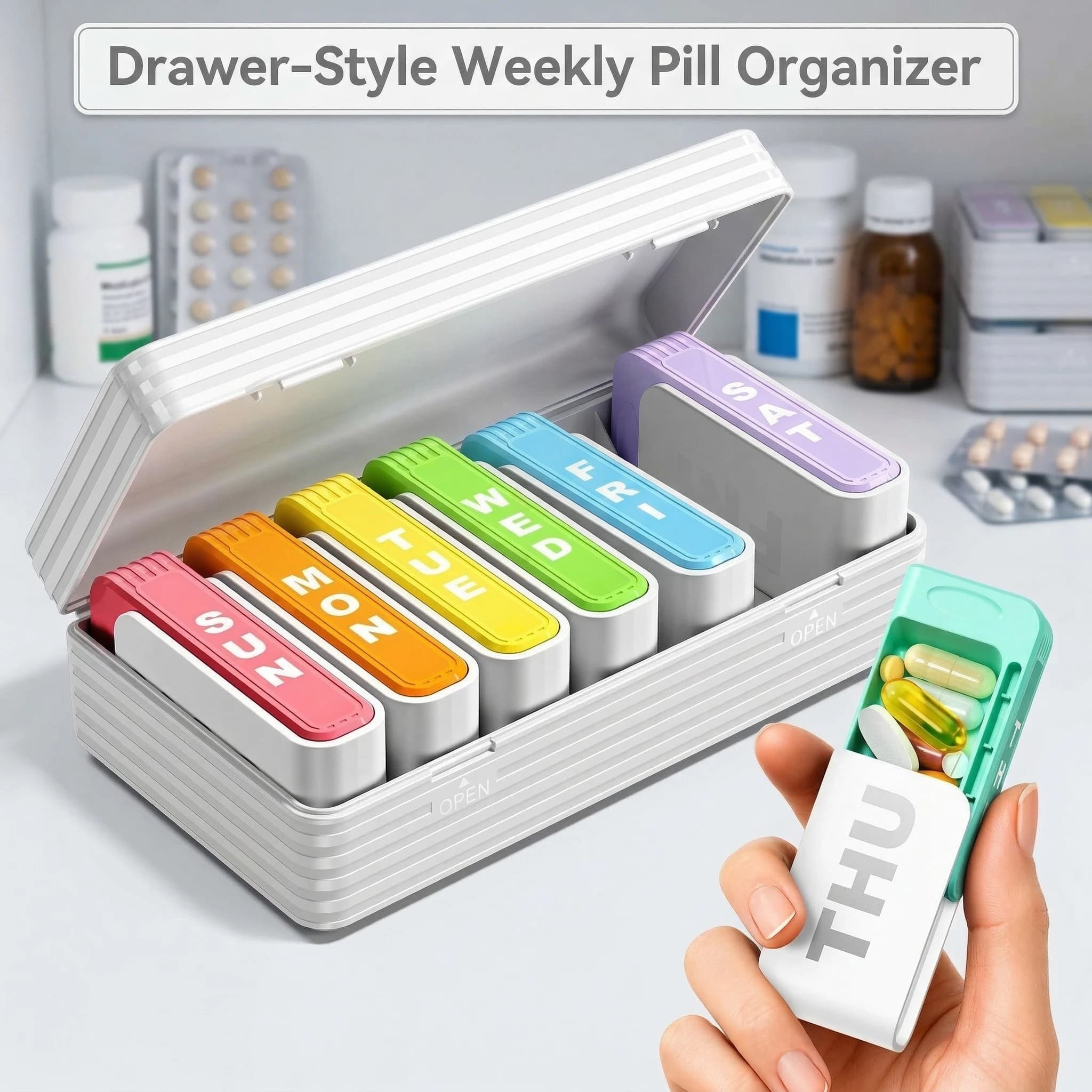 Organizer Portable 7-part Pills, Container Compact for Vitamins, Fish Oils, Daily Pills and Supplements