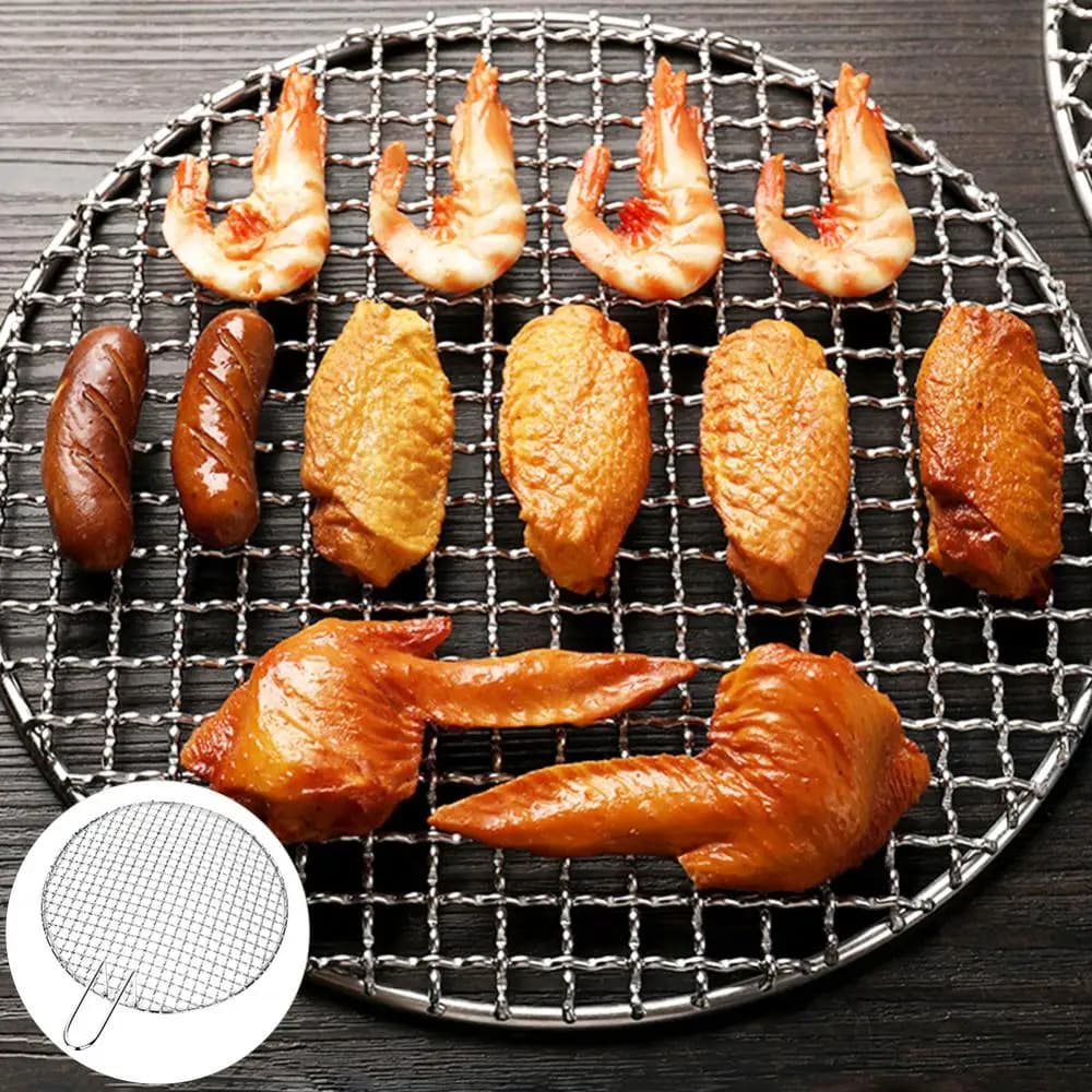 20-33cm Round Stainless Steel BBQ Grill Roast Mesh Net Non-stick Baking Pan With Handle Diameter Charcoal Grate Barbecue Grill