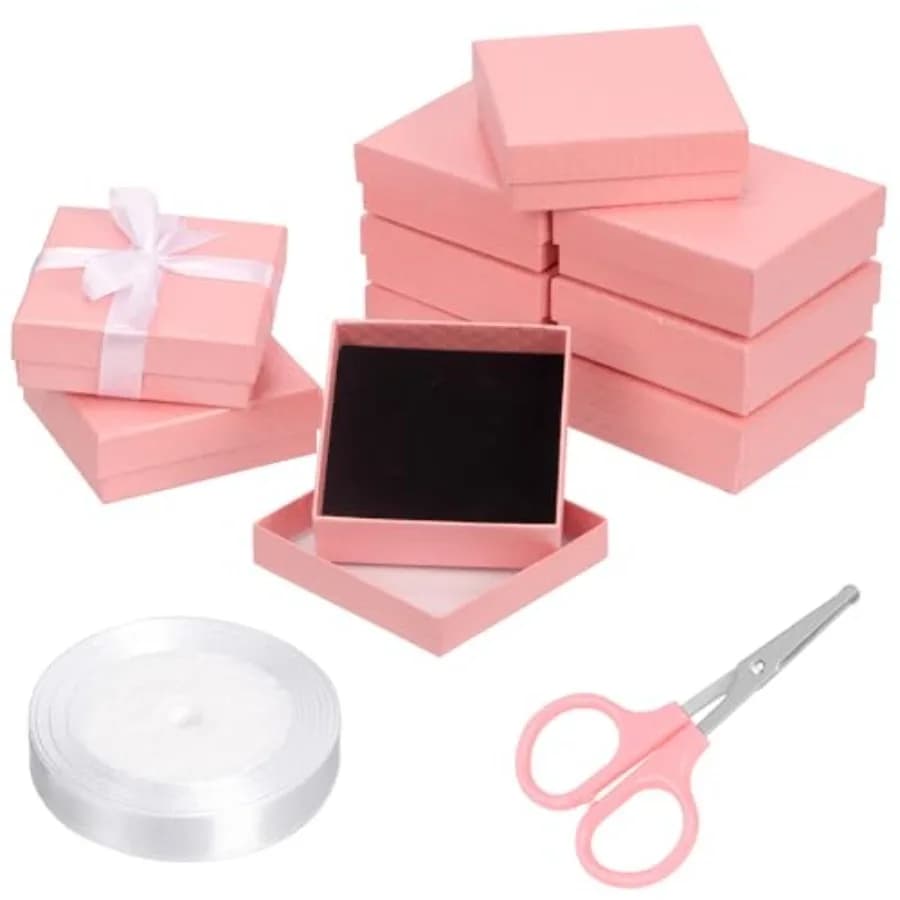 12pcs 9 x 9 x 3CM Jewelry Gift Boxes with Scissors and 1.5 x 225CM White Polyester Ribbon Set, Diamond Pattern Necklace Earring