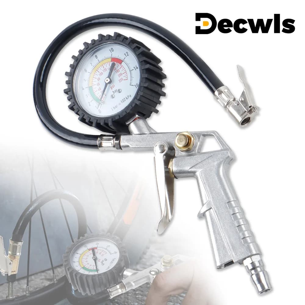 Pistola per gonfiaggio pneumatici 0-220 PSI/0-16 Bar, manometro per pressione pneumatici auto, pompa dell'aria con tubo in gomma per riparazione pneumatici auto/moto/camion, utensile pneumatico