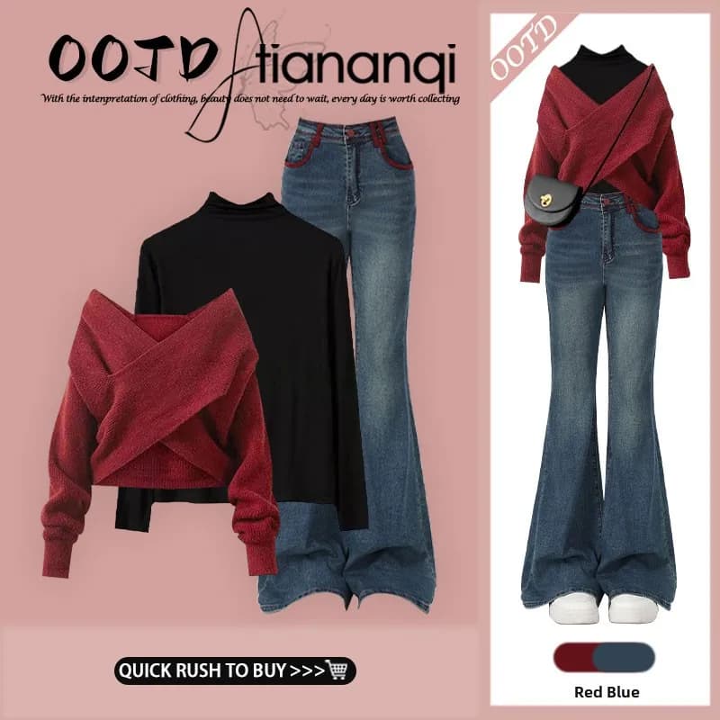 Red Knitted Sweater V-Neck Half High Collar Autumn Winter New Style Korean Series Three-Piece Set with Elegant Jeans