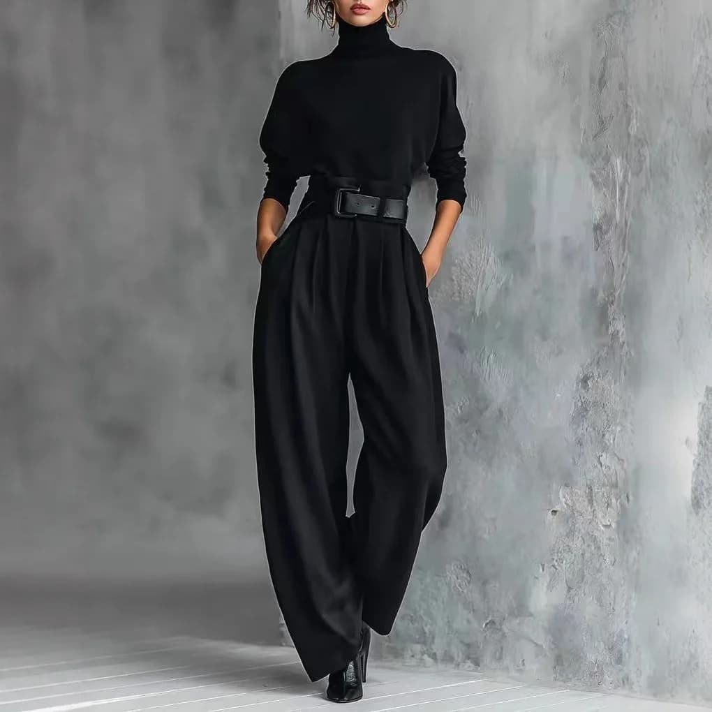 Women's 2026 outfit of new fashion: shirt and wide leg pants, set two casual spring pieces, solid color, with belt