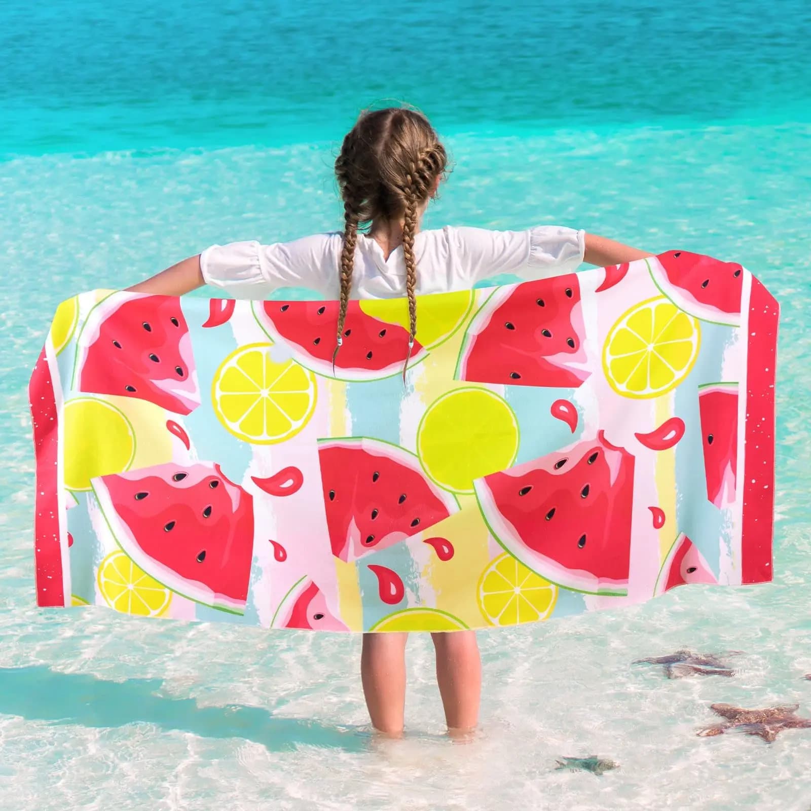 Telo Mare Oversize Anguria e Limone, Asciugatura Rapida, in Microfibra Leggera, per Piscina e Viaggi, per Adulti e Bambini