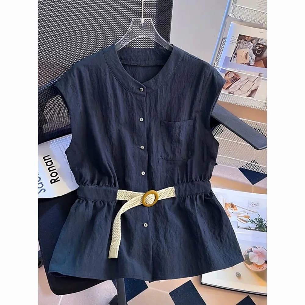 White Women's Shirt Summer 2026 New Versatile Design Sensation Small Audience Belted Shoulder Level Sleeveless Top
