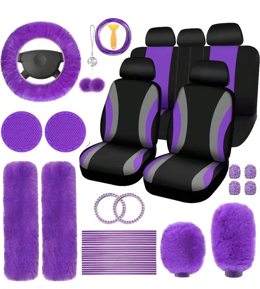 35-Piece Car Seat Cover Set With Steering Wheel Cover, Cup Holder Coasters, Shoulder Pads, And Accessories - Polyester Fabric In