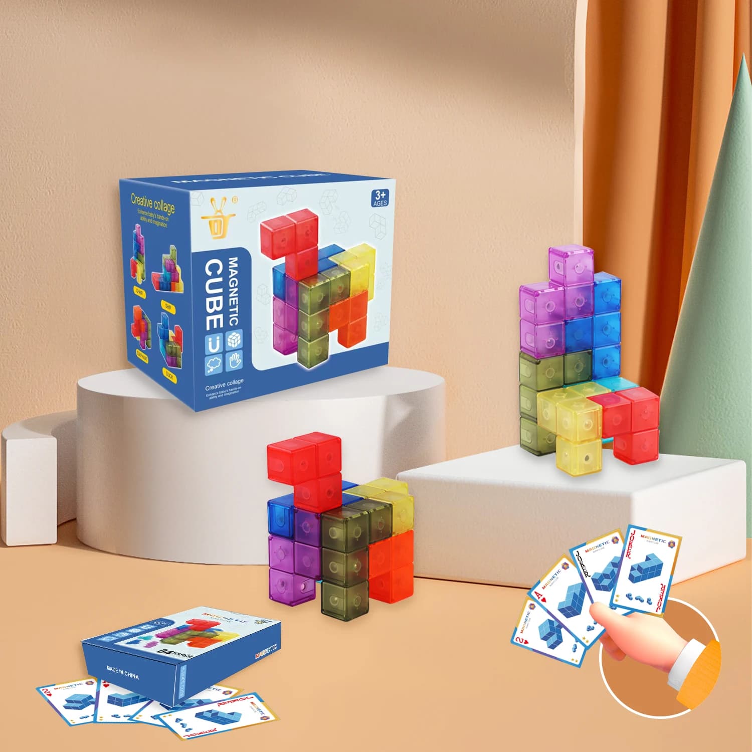 Blocchi Magnetici da Costruzione Fai-da-Te, Set di 7 Pezzi, Cubo Magnetico 3D, 54 Carte Guida, Giocattoli Educativi per Bambini