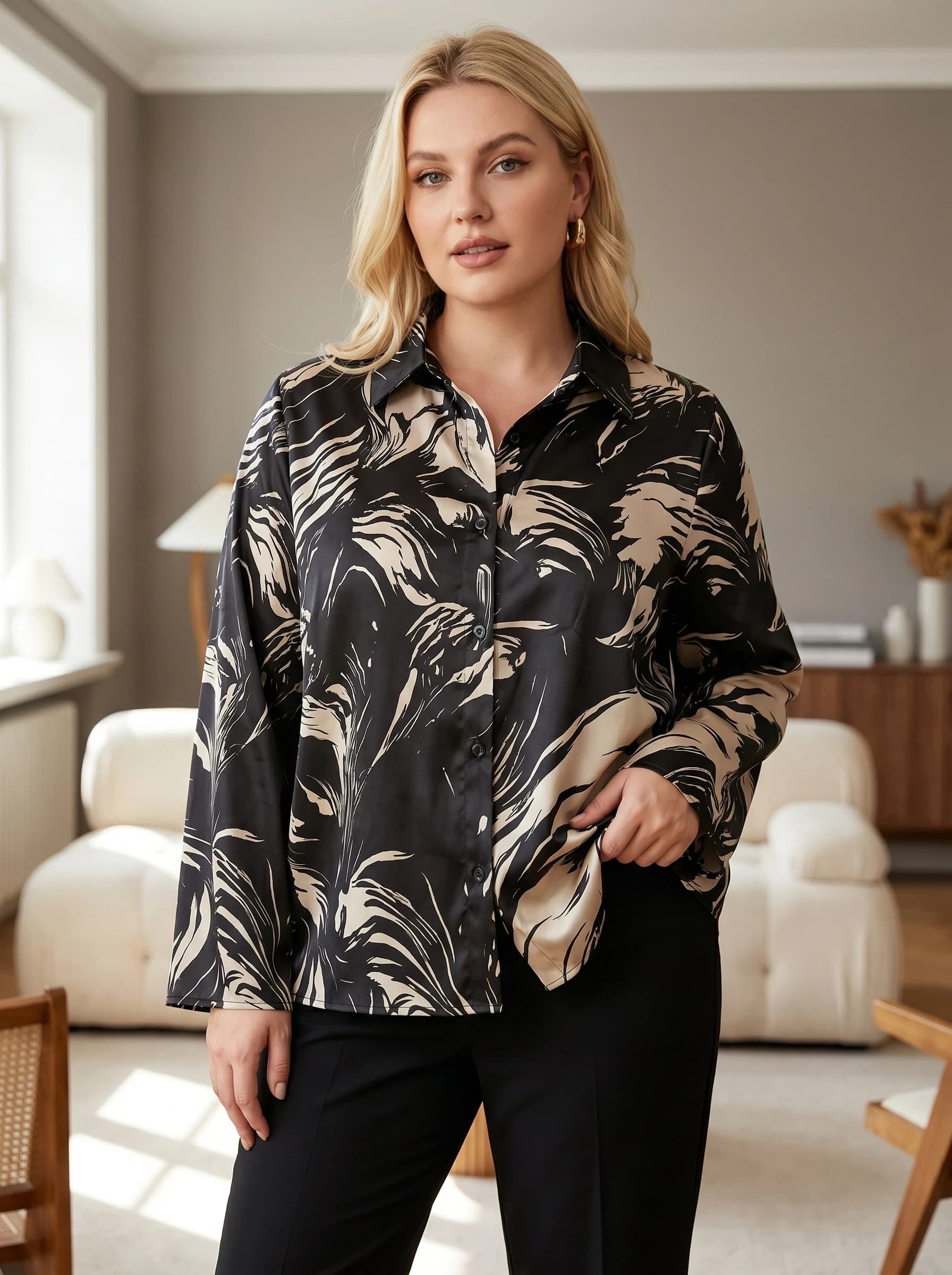 Camicia Rosa Fera Plus Size da donna con stampa botanica astratta, abbottonata, a maniche lunghe e con colletto.