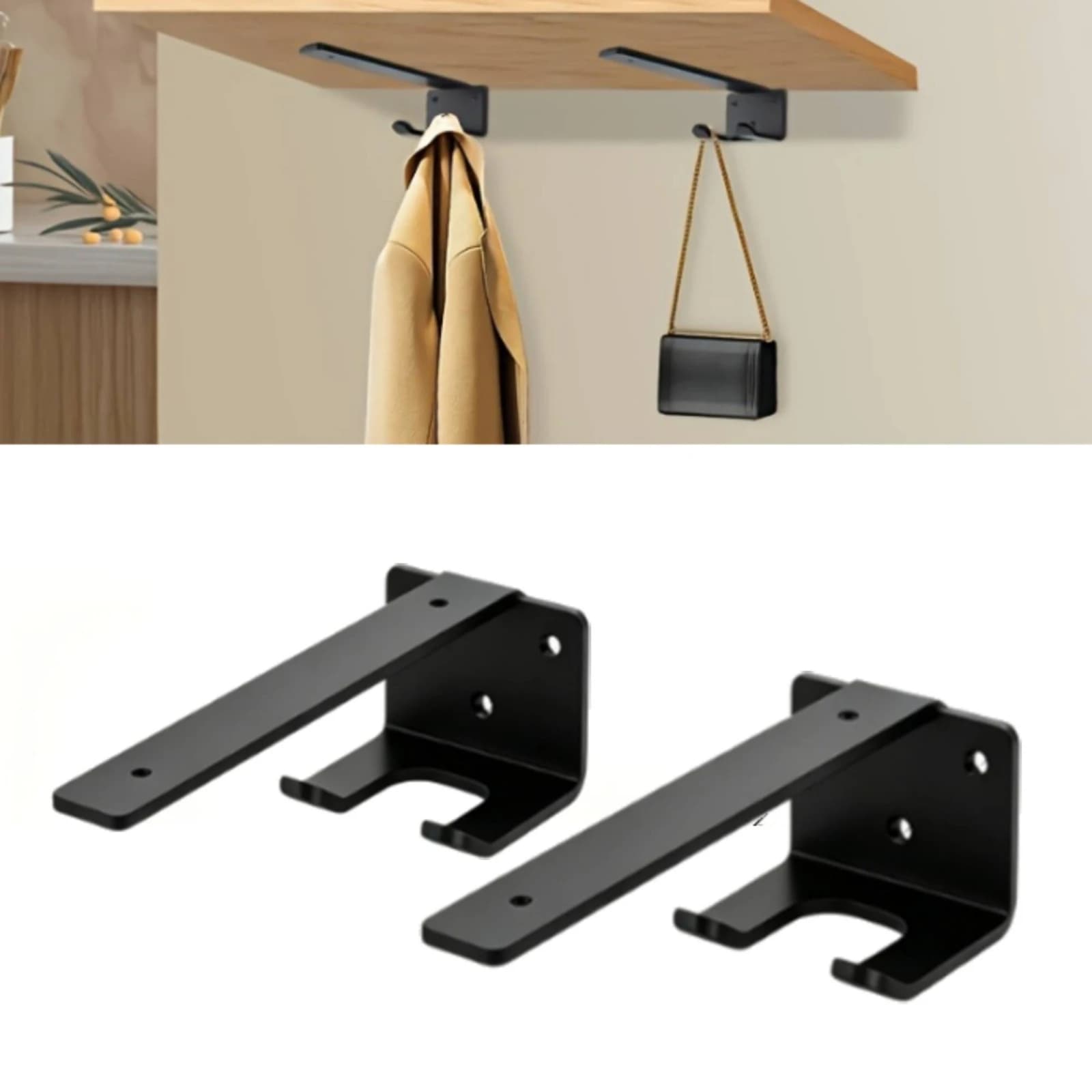 2 Pieces Shelf Bracket with Hook Slimline L-Shaped Bracket Hardware Concealed Black for Kitchen, Entryway