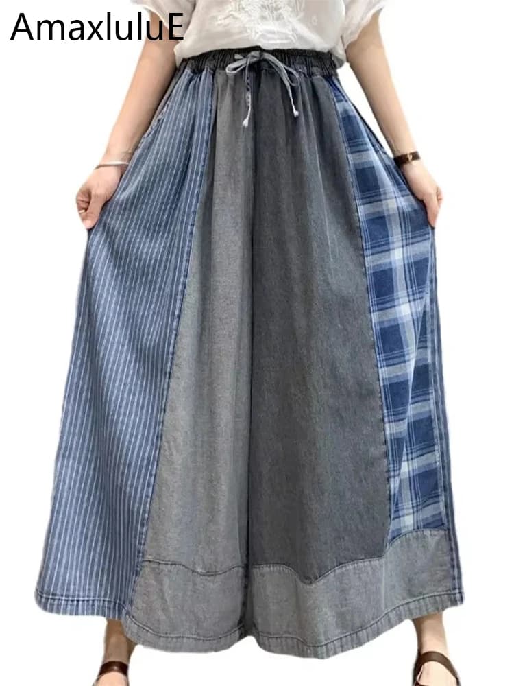 Amax luluE Pantaloni in denim taglie forti moda autunnale da donna Jeans classici vintage scozzesi da donna Pantaloni larghi larghi per il tempo libero a righe