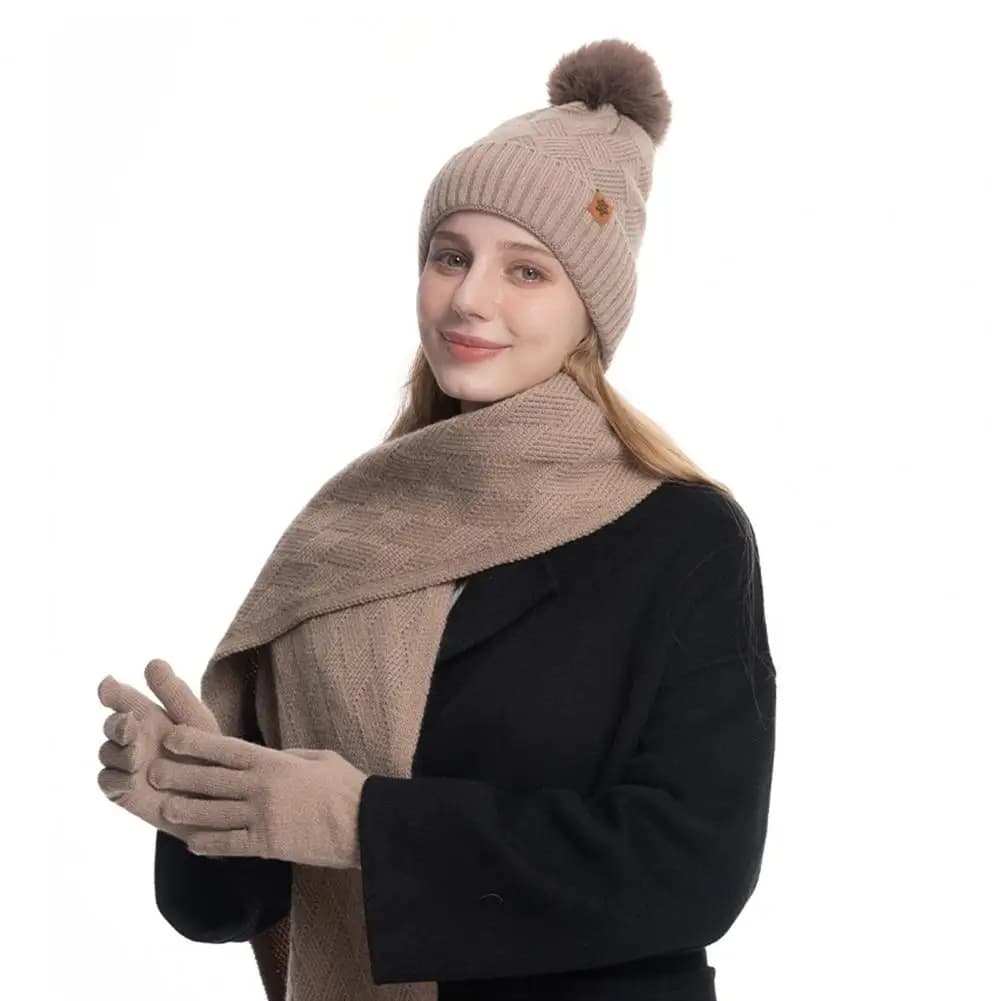 Fur Ball Hat Dome Neck Envelope for Outdoor Winter Cycling with Hot Knit Gloves Thick Elastic Eye for Windproof