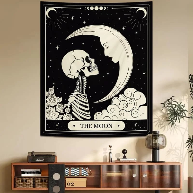 VIKAMA Tapestry Gotico con Teschio e Luna, Decorazione da Parete con Stampa in Bianco e Nero per Camera da Letto e Soggiorno, Tappetino per Altare con Carte Oracolo, Decorazione per la Casa