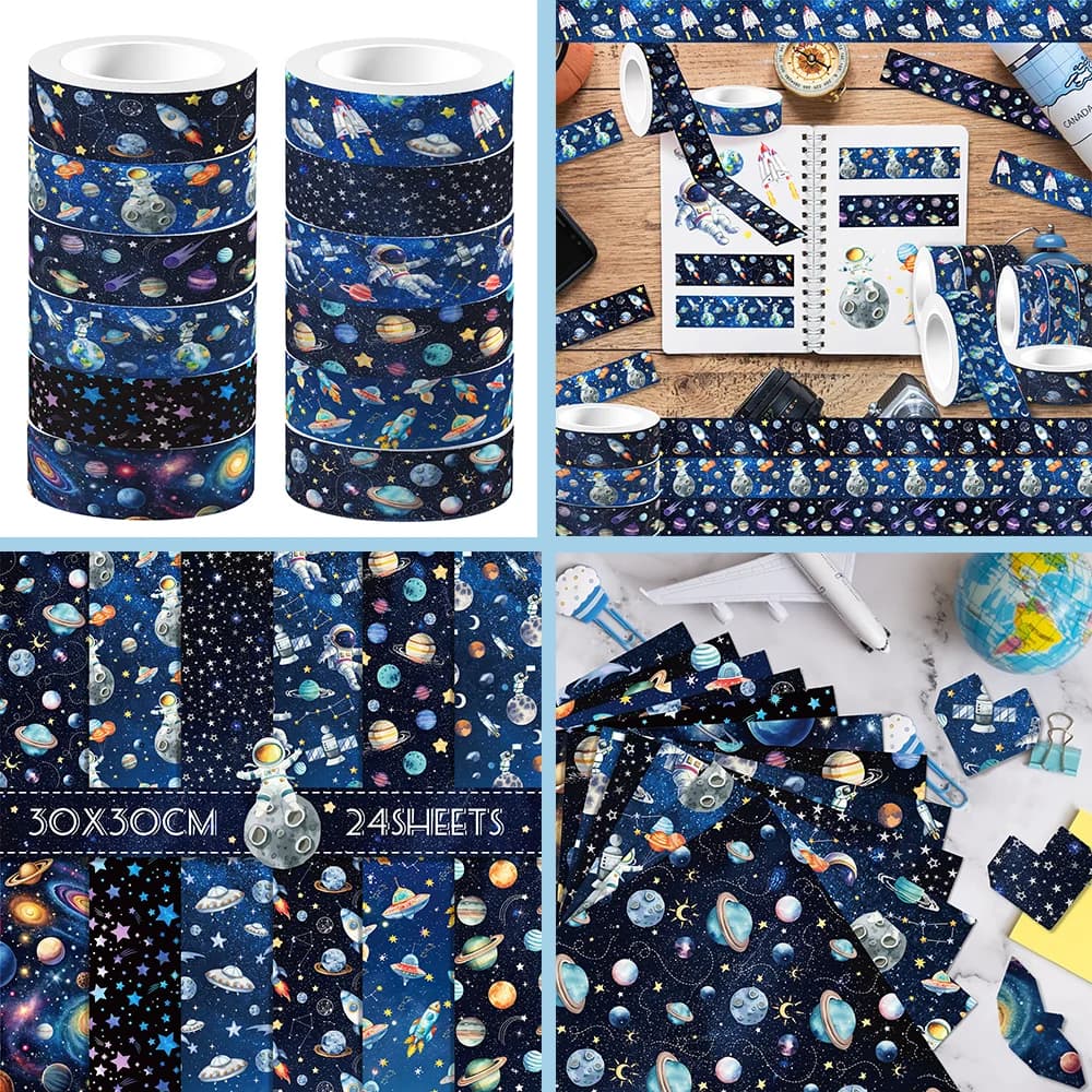 Outer Space Theme Washi Tape and Scrapbooking Paper Astronaut Planet Pattern Origami Art Background Scrapbook Paper DIY Craft