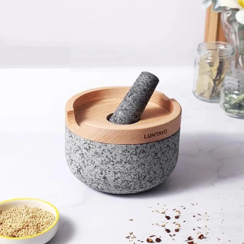 Set mortaio e pestello Smerigliatrice in pietra di granito massiccio premium Base antiscivolo 16 cm per creare schiacciare e schiacciare erbe e spezie Guacamole
