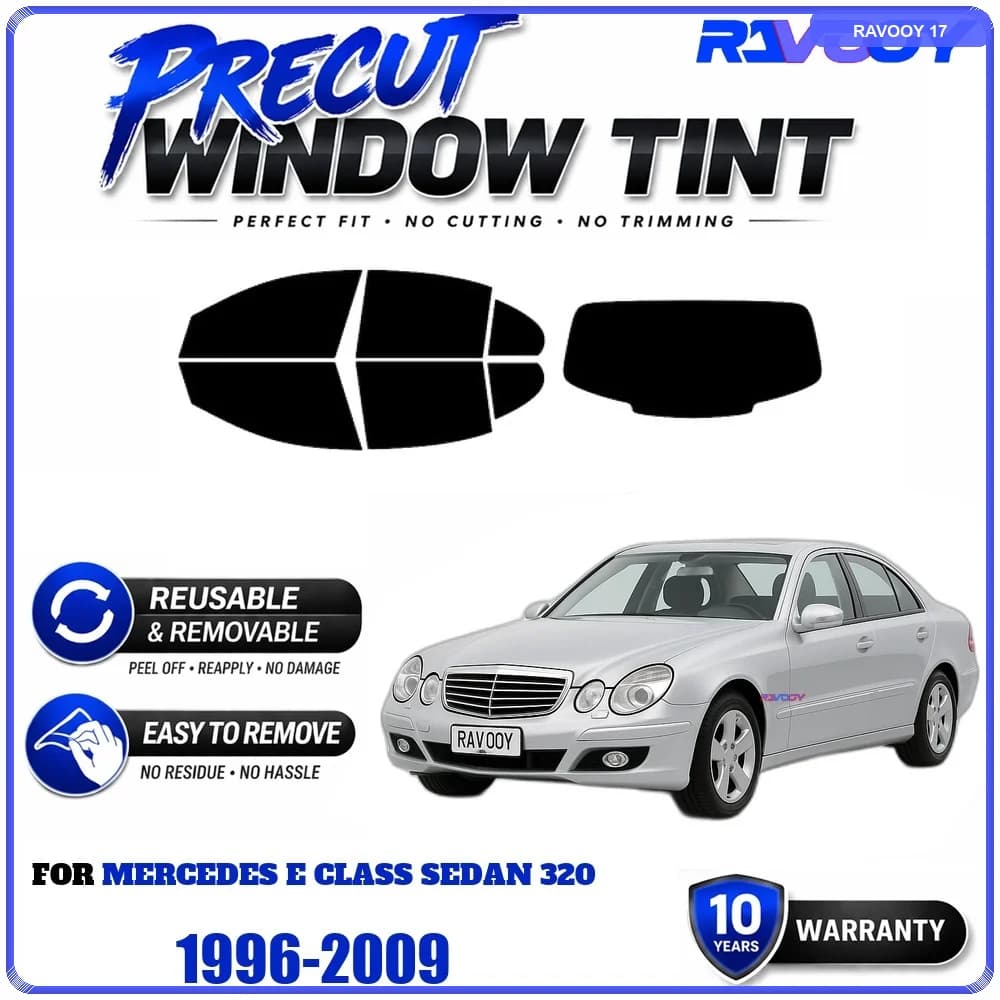 RAVOOY Precut Window Tint, Reusable Removable EPU Film, Custom Fit for Mercedes E Class Sedan 320 1996-2009, UV Heat Protection