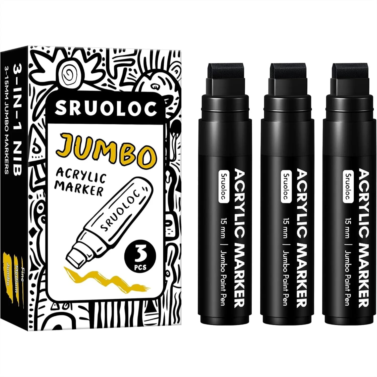 3 Jumbo Permanent Markers Black, 15mm Thick Wide Tip Acrylic Paint Pens for Rock Painting, Poster, Stone, Ceramic, Glass, Wood