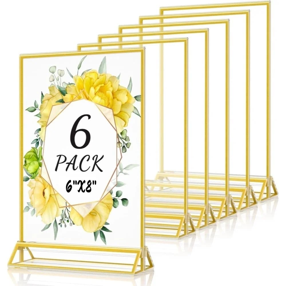 6 Pack 6x8 Acrylic Sign Holders Double Sided Gold Picture Frame Tabletop Display Menu Stand Clear Plastic T Shape Vertical Paper