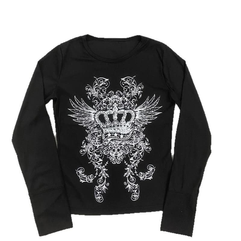 Long sleeved top with Crown Wing INS print 2026 for women, black, slim fit, gothic style Y2K, dark street style, T-shirt