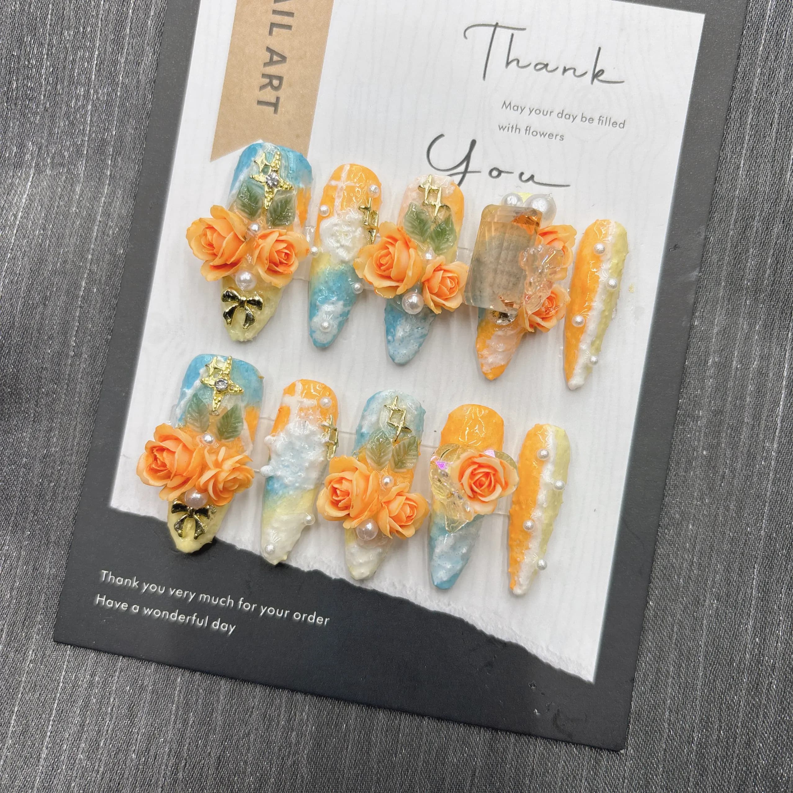 Spring Oil Painting 3D Fabric Orange Rose Handmade Press On Nails, Cyan Orange Watercolor Plaster Embossed Fake Nails With Resin