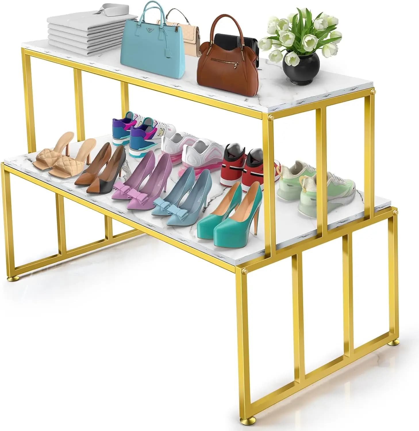 2 Tier Shoe Handbag Display Table Gold Metal Wood Boutique Display Stand Heavy Duty Display Riser Shelf for Clothing Store Vendor Event Showroom Household Use 45.2 Inch