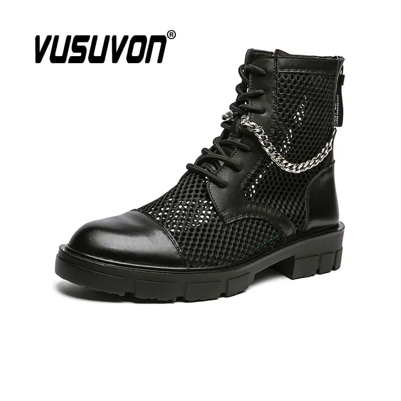 Stivali estivi da uomo Moda Abito con lacci Mocassini casual Moto Maglia nera Traspirante Party Business Ragazzi Scarpe Big Size 38-46