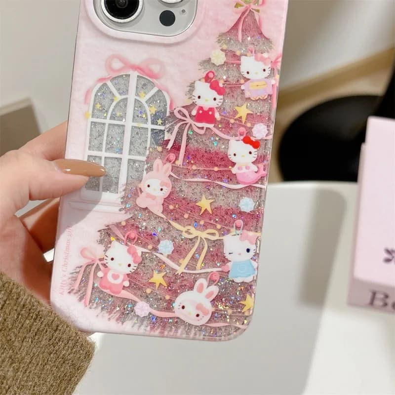 Kawaii carino albero dei desideri di Natale Hello Kitty scintillante custodia per telefono per iPhone 13 14 15 16 17 Pro Max Cartoon Kitty Glitter Cover