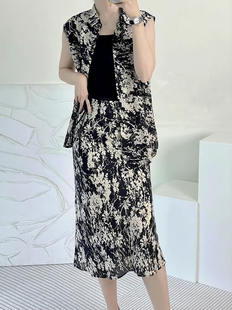 Set da Donna alla Moda con Tecnica di Tintura Kyo, Blusa con Stampa a Foglie in Seta, Gonna a Linea A, Mezza Gonna e Gonna Bouffant