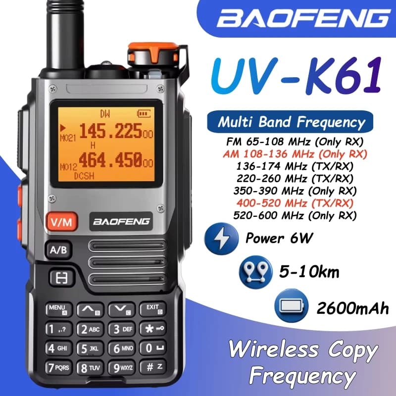 Baofeng Uv-K61 Am Band 6W Walkie Talkie 999Ch 2600Mah Frequenza di copia wireless Radio bidirezionale Tipo-C Radioamatori da campeggio