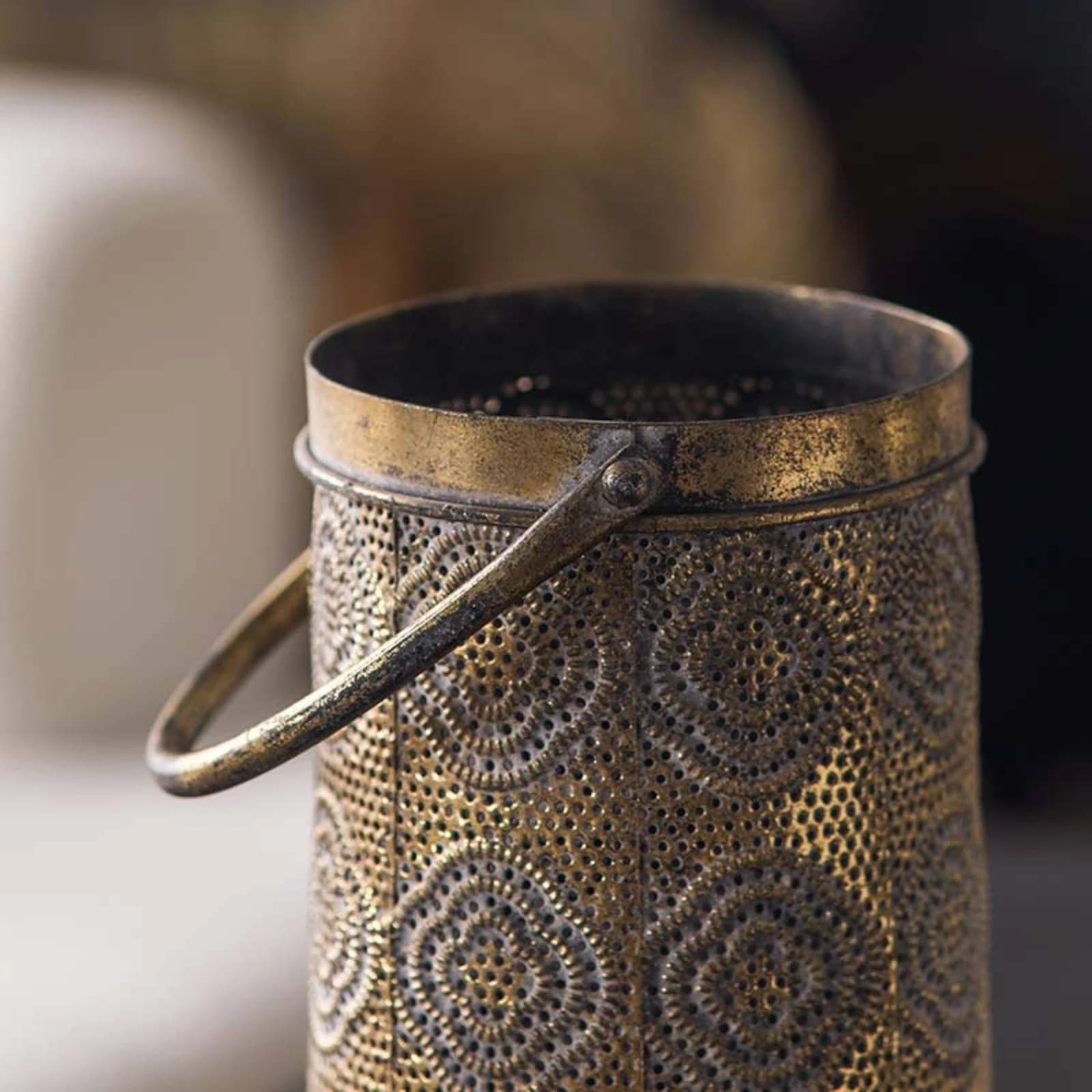 Metal Lantern with Handle Antique Bronze Candle Lantern Decor Embossed Moroccan for Table, Shelf