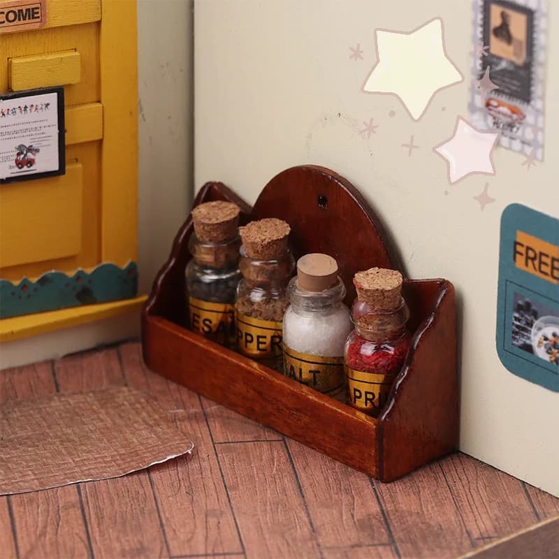 Set di mini bottiglie di spezie per casa delle bambole 1/12 con cremagliera per condimenti e ripiani a muro per mobili da cucina, decorazioni per la casa delle bambole