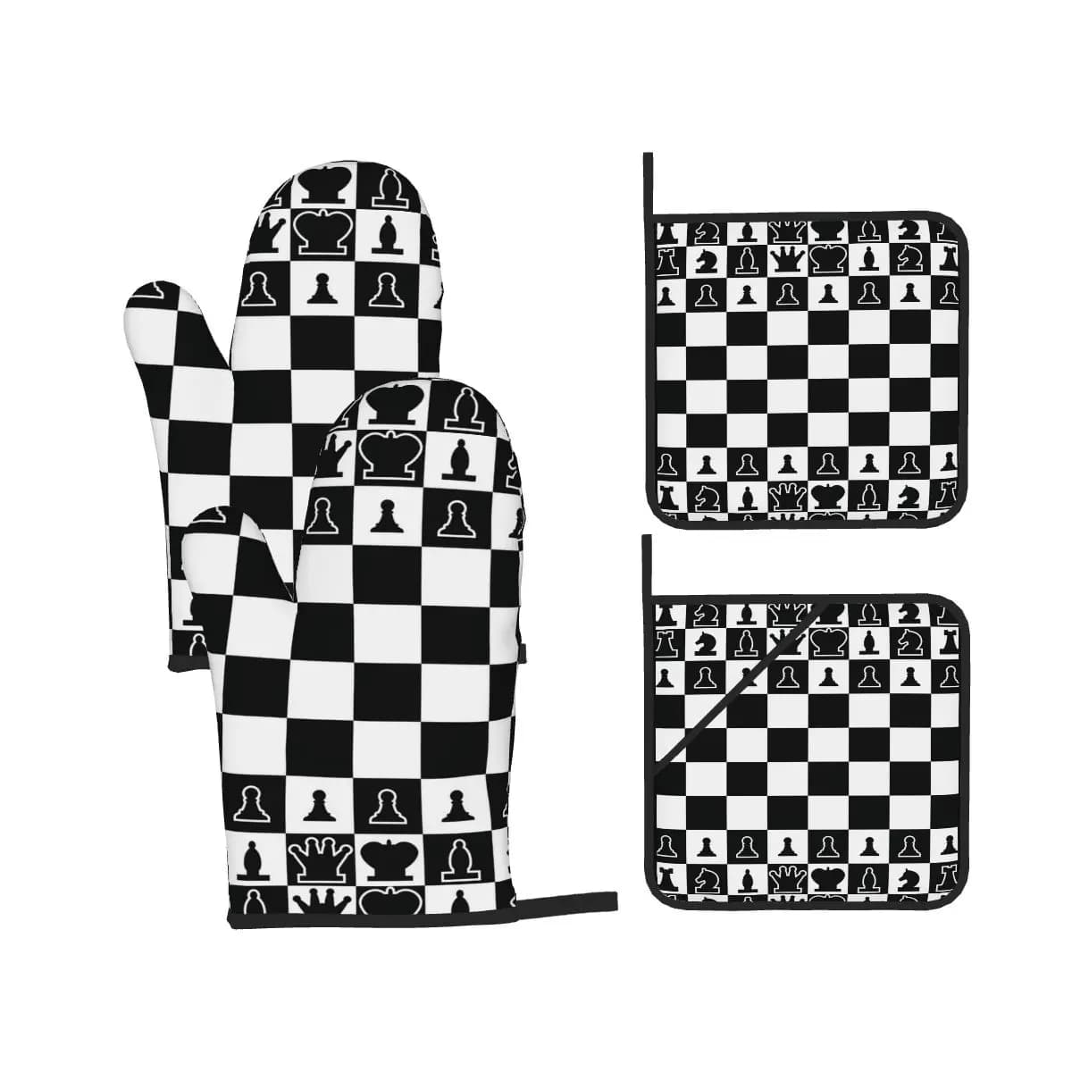 Chess Board Black And White Grid Checkered Oven Mitts and Pot Holder Sets of 4 for Baking Cooking BBQ Resistant Non-Slip Gloves