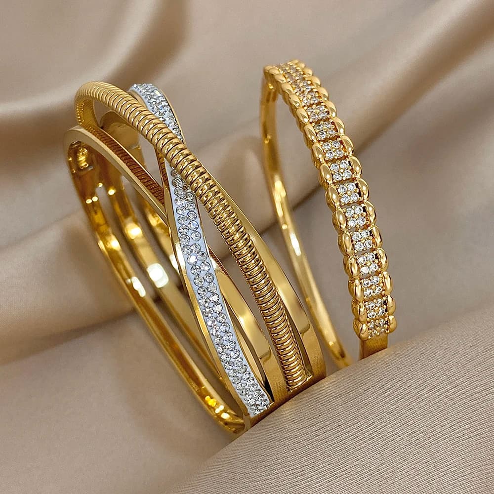 Crossed Rhinestone Stainless Steel Open Cuff Bangles Bracelets Fashion Charm Bracelet Jewelry Set Wrist Accessories