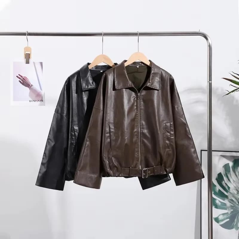 Vintage PU Leather Jacket 2026 Autumn New Ladies Zipper Lapel Long Sleeve Pocket Coat With Belt Women's Loose Streetwear