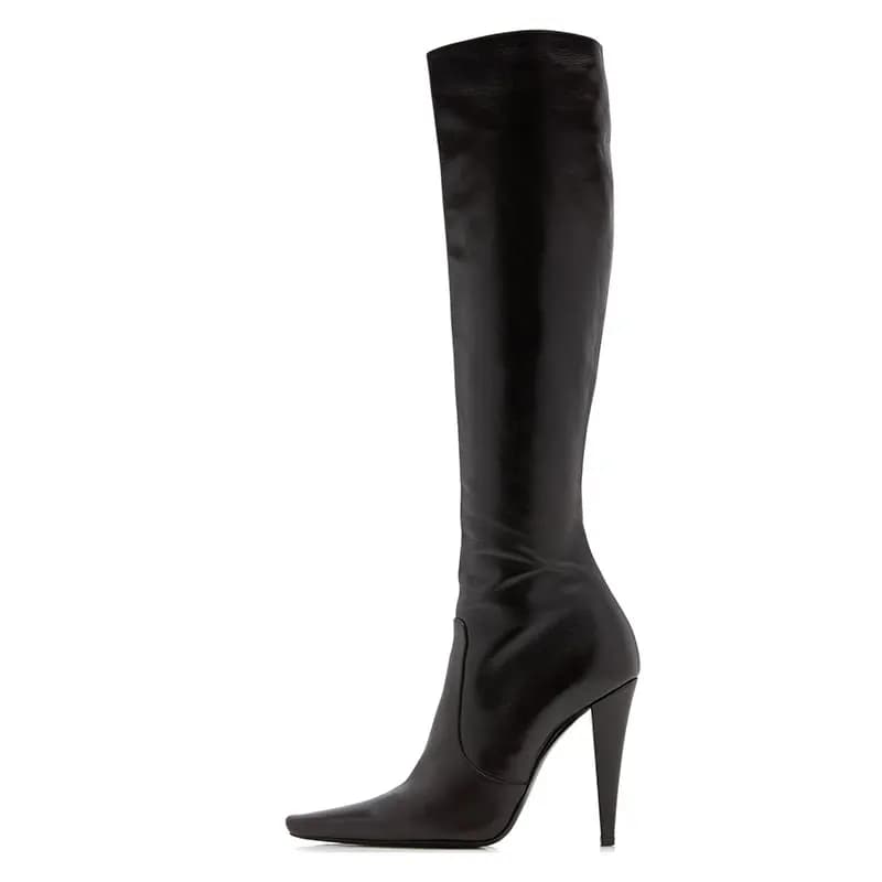 Women Retro Knee‑High Boots Pointed Square Toe Cone Super High Heel Slouch Shaft Faux Leather Boots Snake Print Solid Color Even
