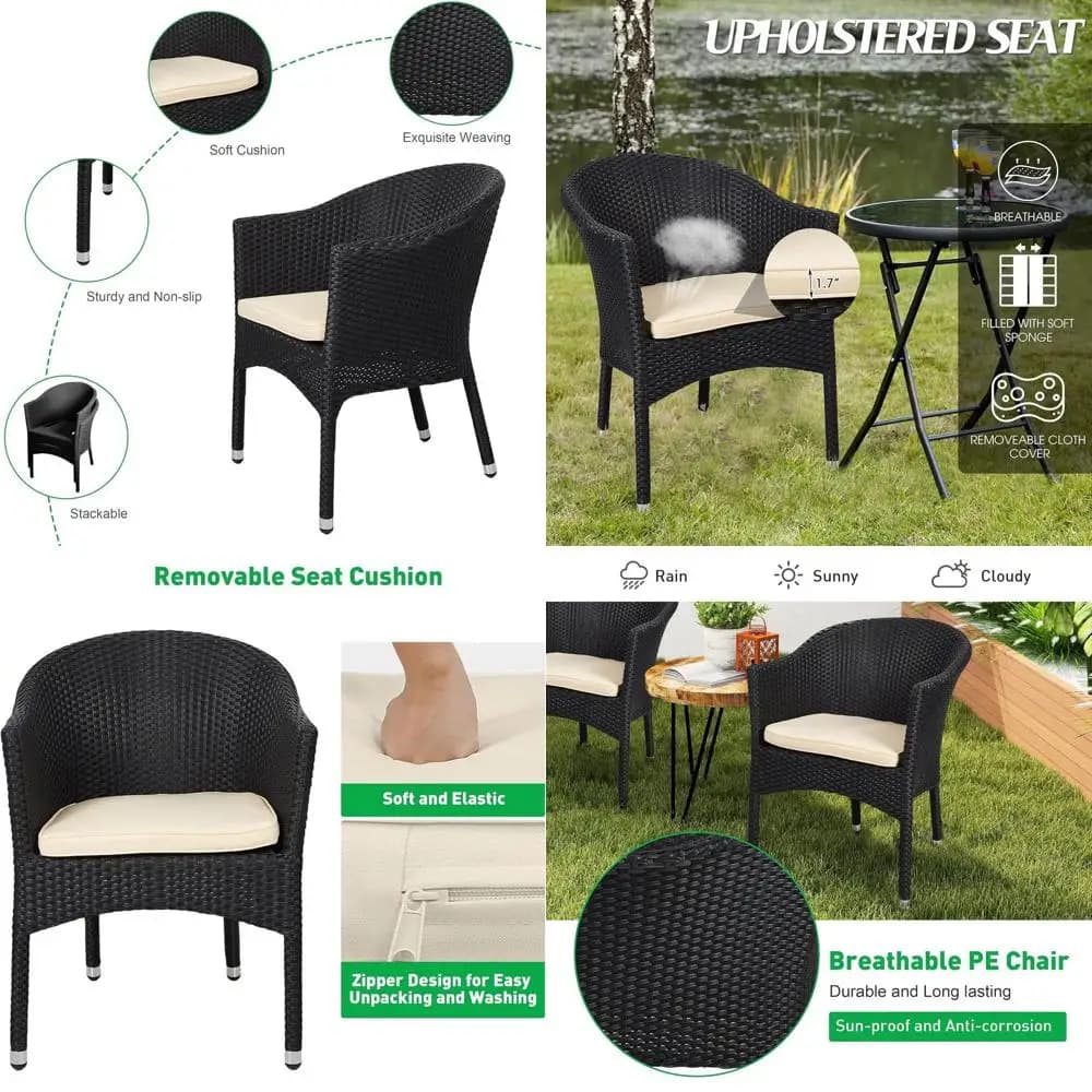 Set da pranzo da esterno in rattan a 4 pezzi con cuscini, sedie in vimini resistenti alle intemperie per patio o giardino (nero), pronto all'uso