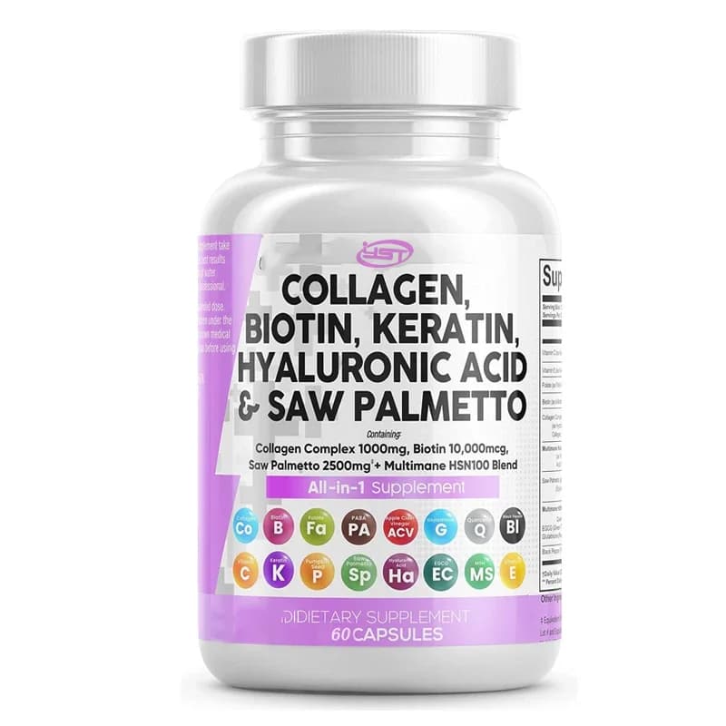 Pillole di Collagene con Biotina, Cheratina, Saw Palmetto, Acido Ialuronico, Vitamina E, Folato e Semi di Zucca per Capelli, Pelle e Unghie - 60 Capsule