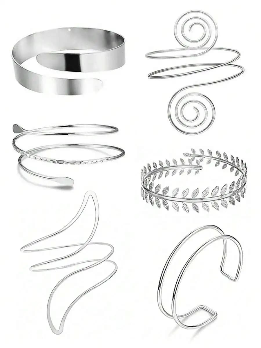 Set di 6 braccialetti a spirale geometrici regolabili in metallo argentato per donna, estate, Halloween