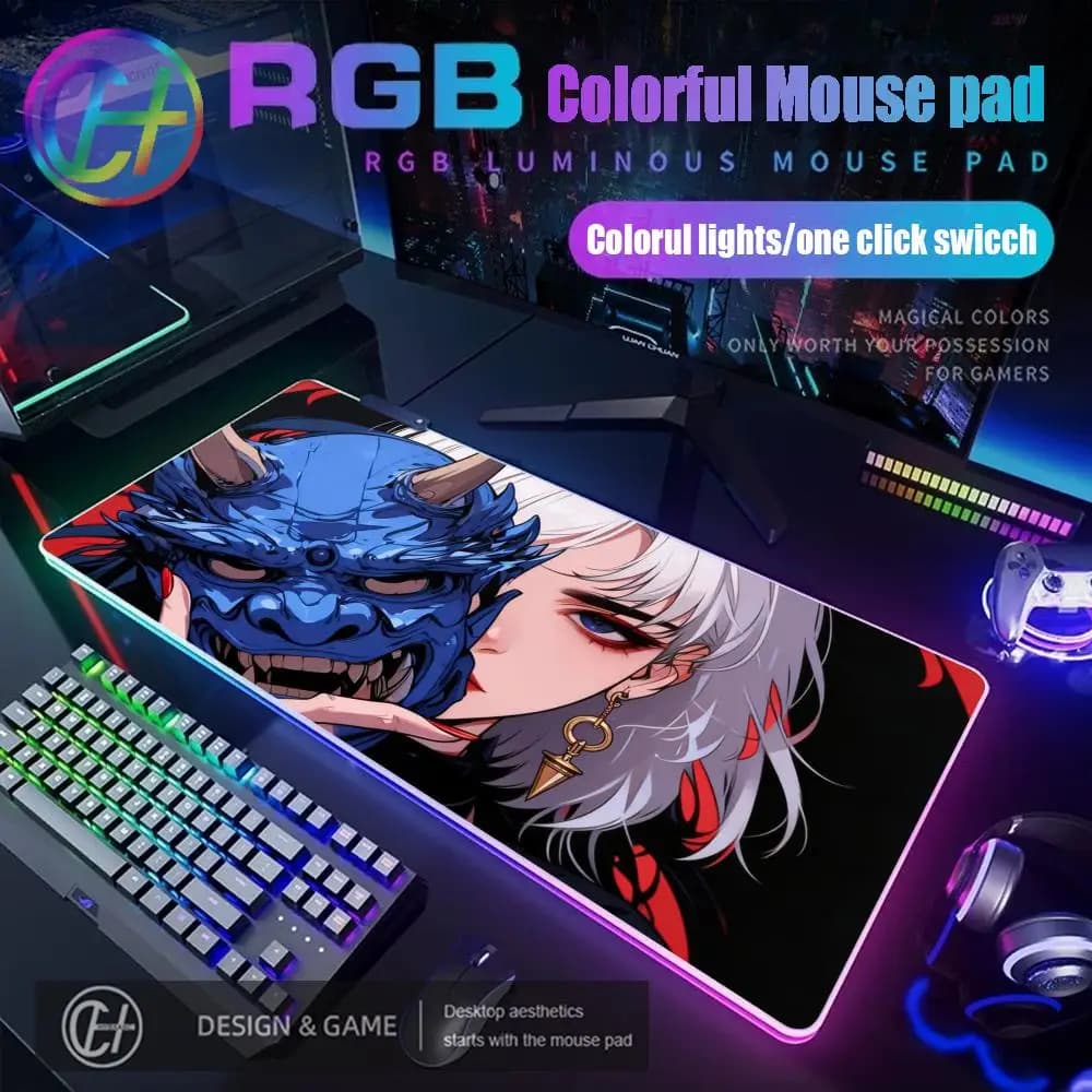 Tappetino per Mouse RGB HYBXAXC con Maschera del Diavolo, Tappetino da Scrivania per Gaming HD, Grande con Illuminazione LED XXL
