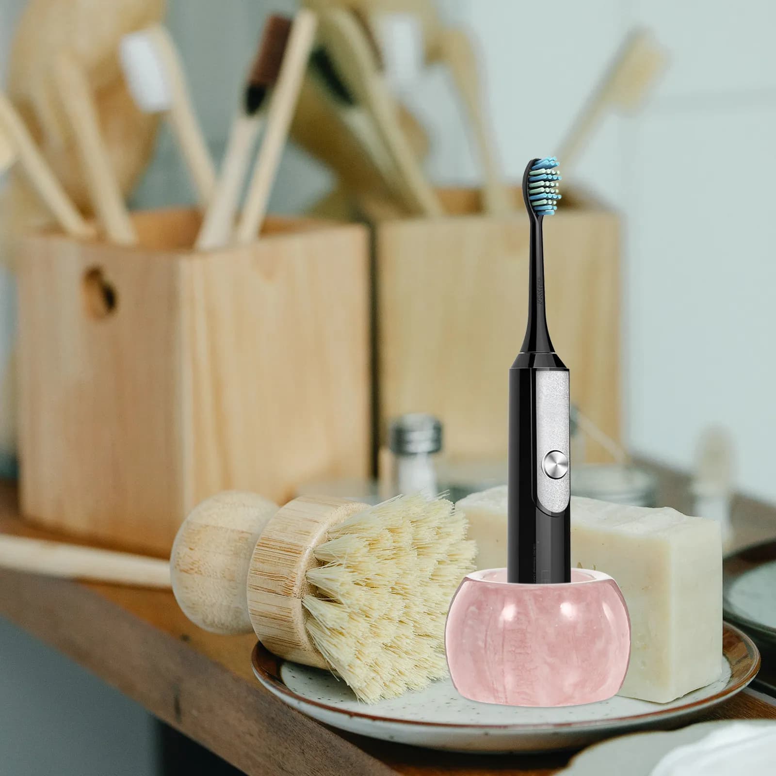 Set di 2 Portaspazzolini Elettrici in Ceramica dal Design Creativo, Finitura in Marmo Lucidato, per Bagno e Lavabo, per Igiene Orale Ordinata