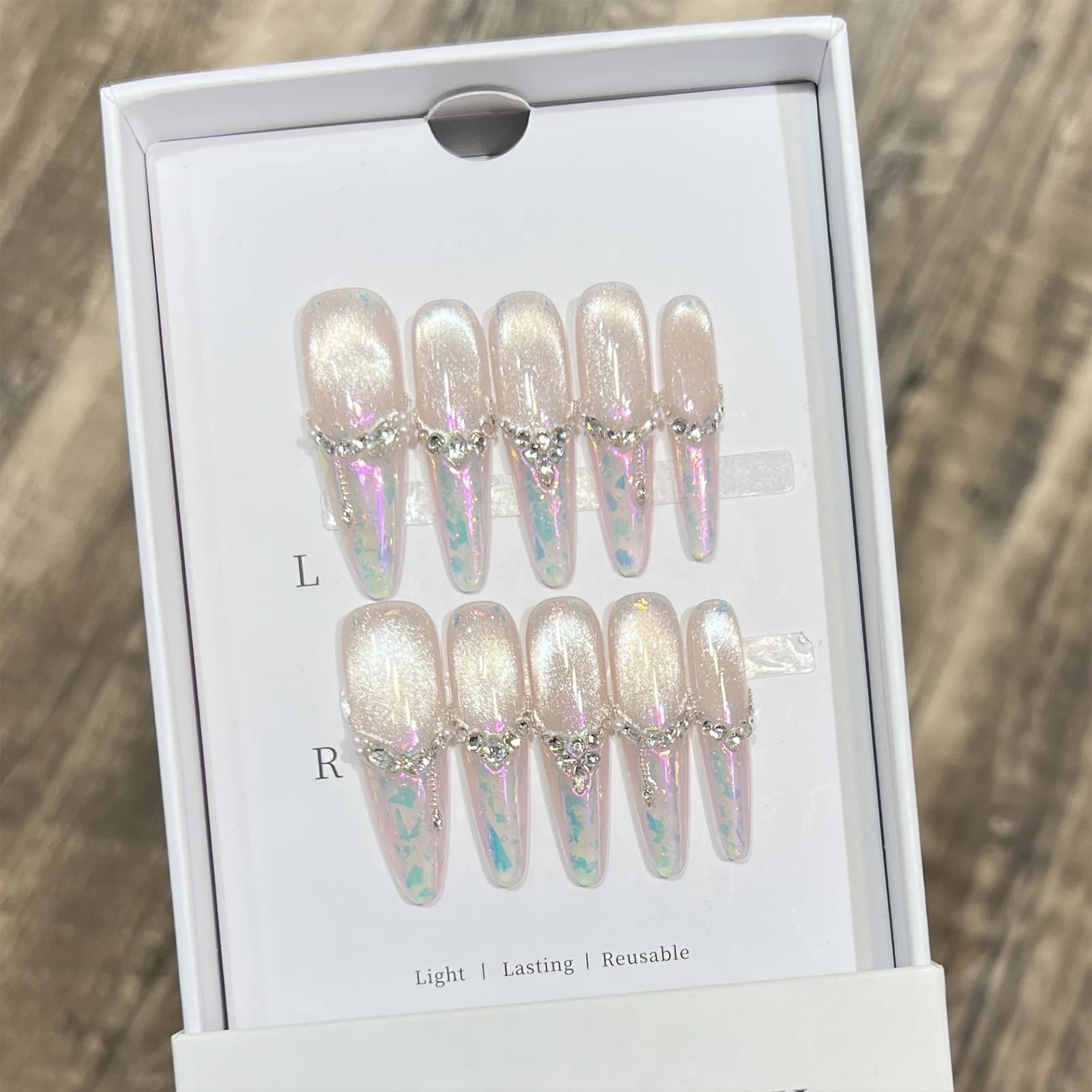Stampa sulle unghie 10 pezzi viola fantasia manicure francese con lamina iridescente glitter cat eye unghie finte fai da te per le donne festa di nozze