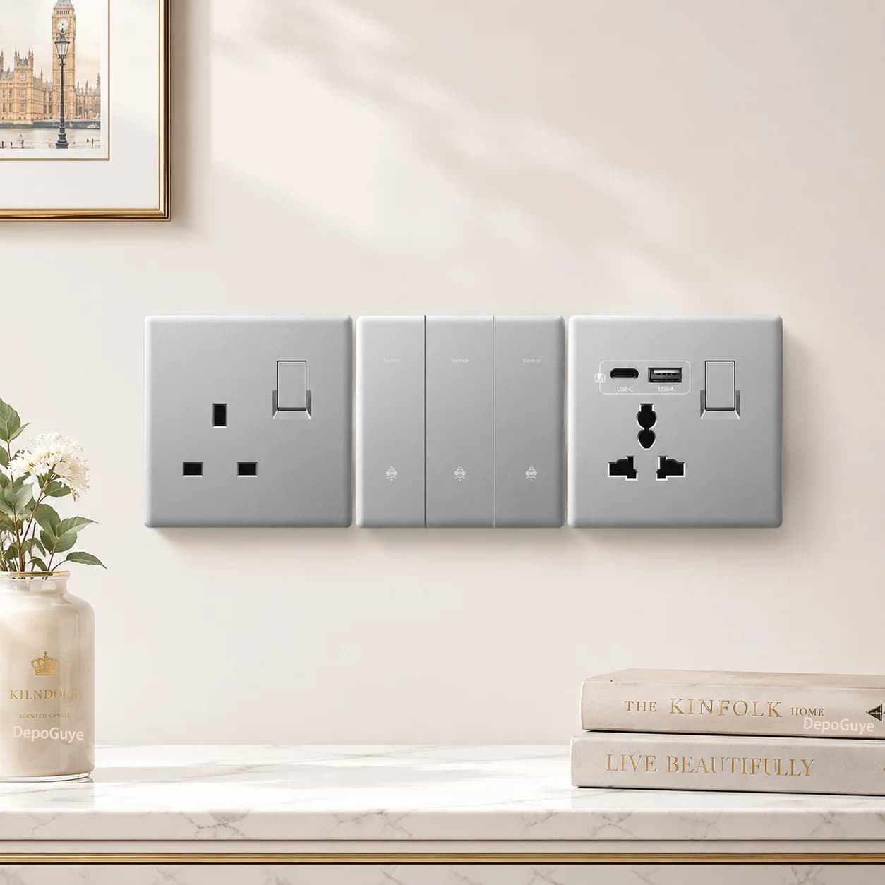 Ultra-Thin UK Power Socket 13A Quick charge Plug 18W Smart Type-C Wall Outlet,220V Electrical Universal Wall Light 2way Switch
