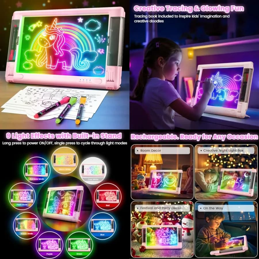 Tavoletta Luminosa LED Ricaricabile, 15 Pollici, 9 Modalità di Colore, Tavoletta da Disegno Neon Art Light Up, Pad per Tracciare, Regalo Giocattolo per Schizzi