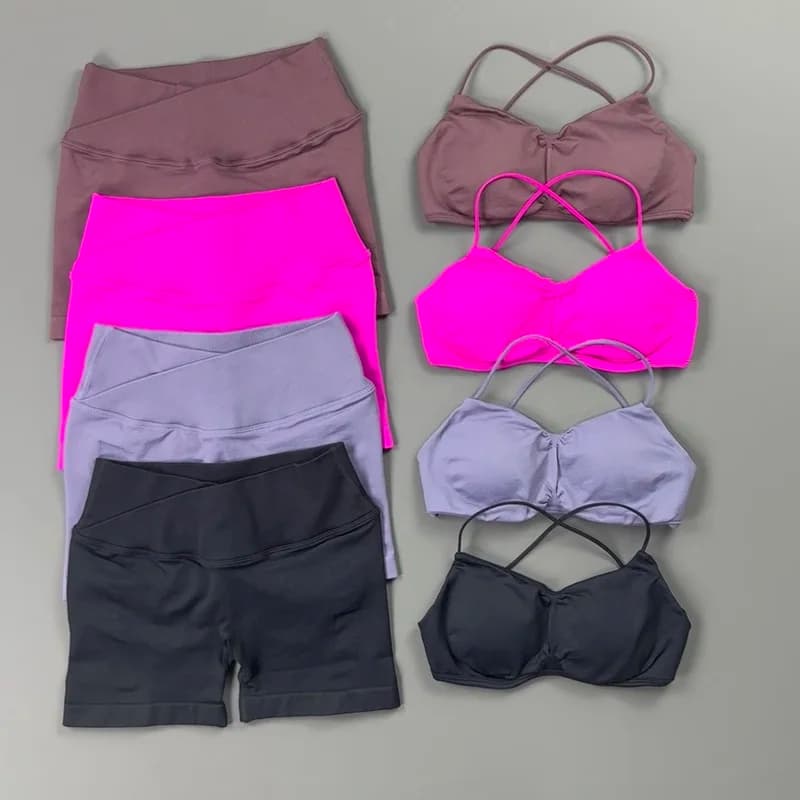 2 Pieces Sports Set Women Thin Strap Bust Gather Sports Bra Cross Over Workout Shorts Hip Sculpting Suit Pilates Gym Tracksuit