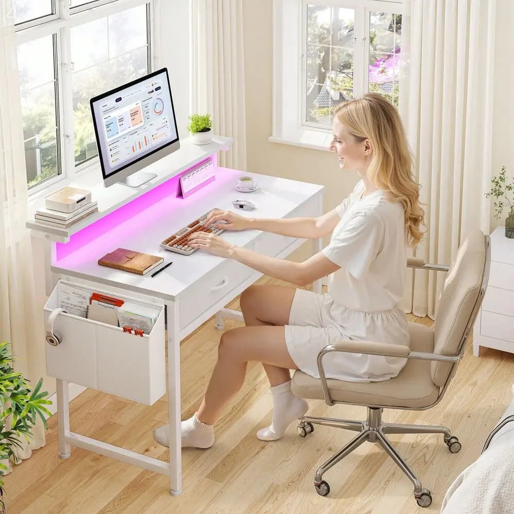 31.5 D office desk with LED lights, ergonomic monitor support, 2 fabric drawers and side pocket, desk for bedroom computer, office