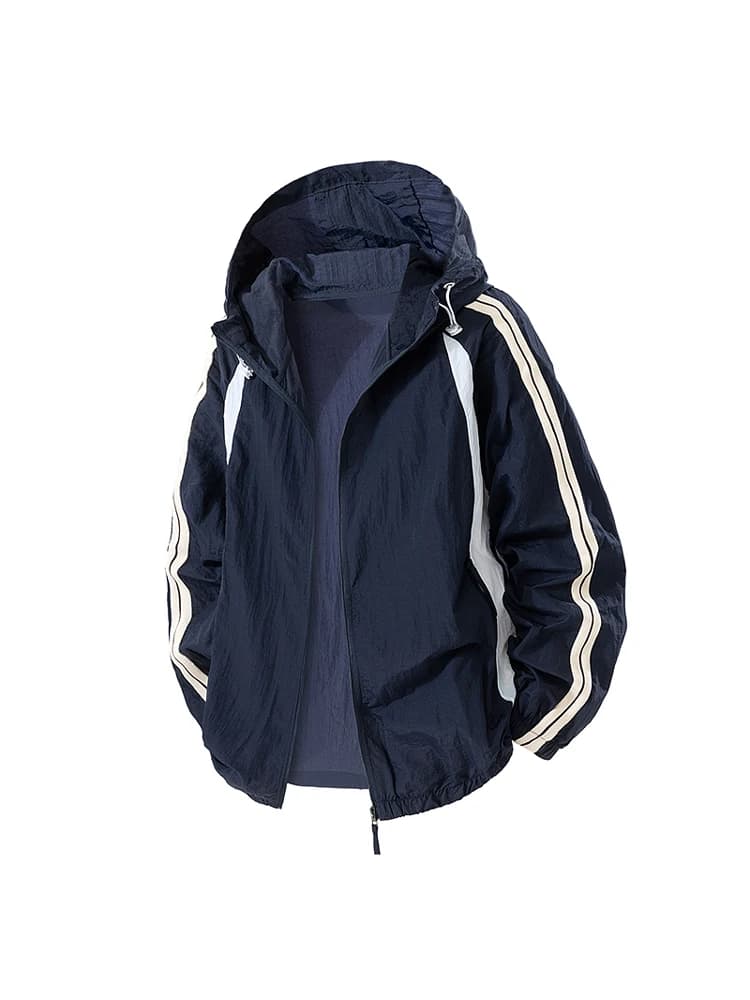 New Men's Summer Jacket in Open Sports Rows, Solar Protection, Fashionable, with Hood, Slim, Nylon Fiber, Long Sleeve
