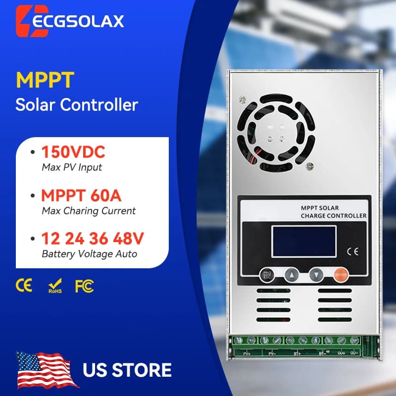 Regolatore di Carica Solare MPPT ECGSOLAX 60A 12V 24V 36V 48V, Max PV 150VDC, Supporto per Batterie al Litio
