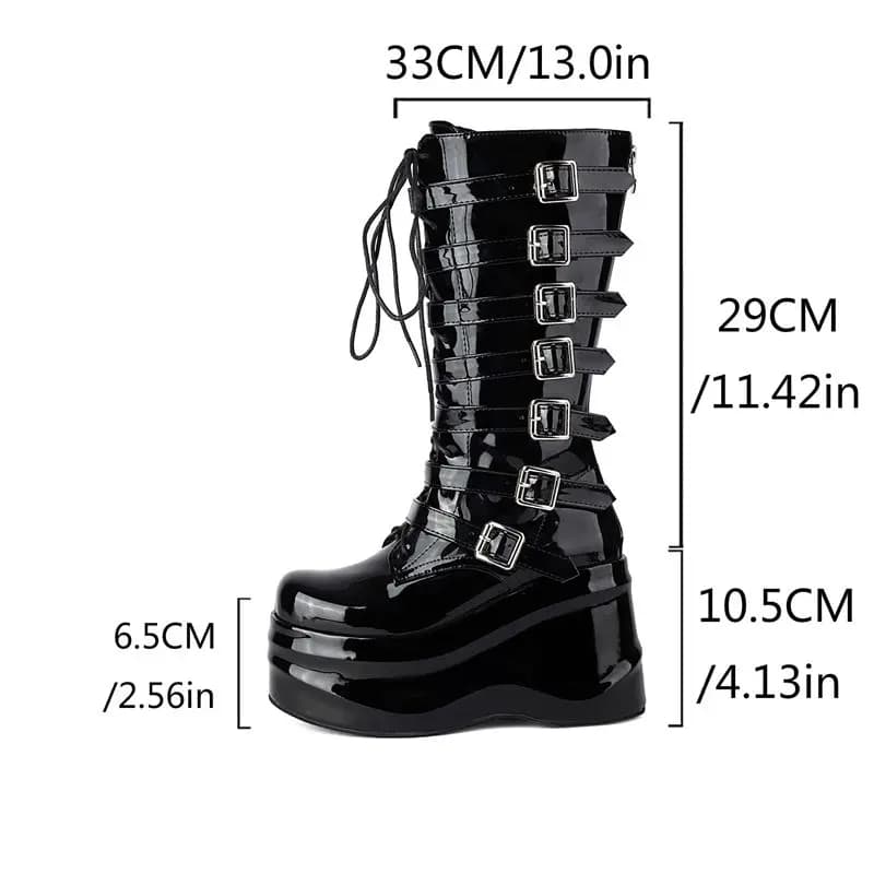 Girseaby Stivali da donna Punta tonda Zeppe in pelle verniciata 10,5 cm Piattaforma Hill 6,5 cm Stivaletti in pizzo con cerniera