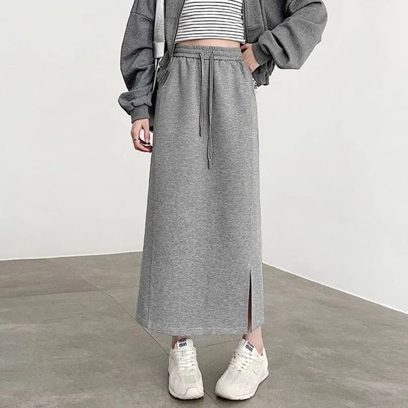 Gonne estive da donna alla moda con spacco laterale, gonne midi a vita alta tinta unita, abito classico coreano sottile a trapezio per ragazze