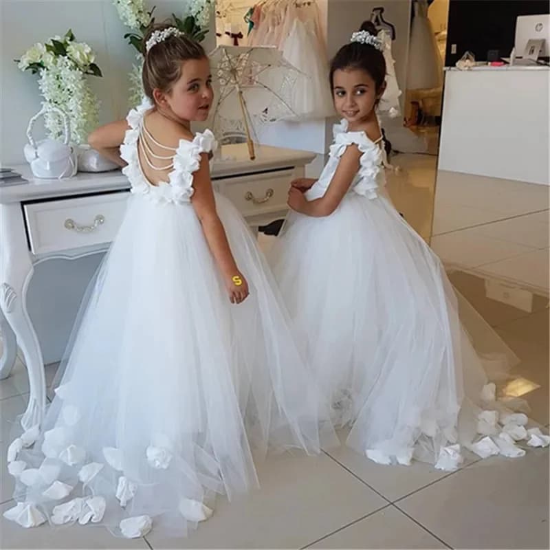 Abito da ragazza di fiori semplicemente personalizzato per matrimonio senza maniche Fiori 3D Appliques Gonne da principessa in tulle Abiti da prima comunione