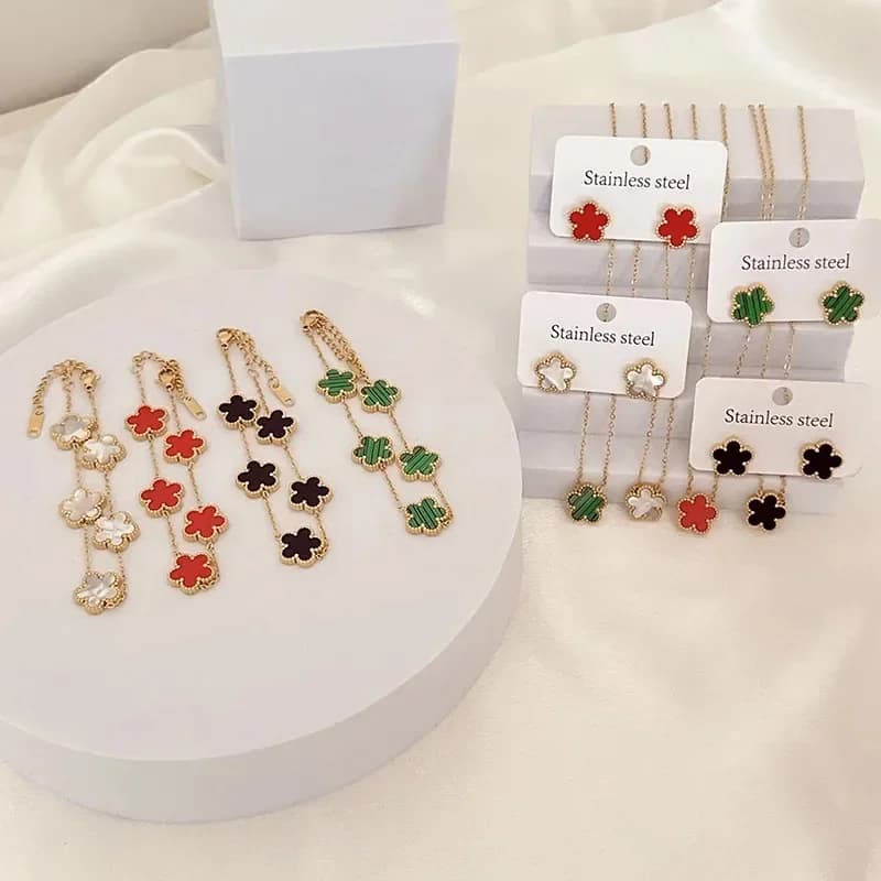 Collana con Ciondolo a Cinque Foglie EVISPOL, Gioielli di Lusso, Orecchini a Perno per Donne, Bracciali in Acciaio Inossidabile a Forma di Quadrifoglio, Regalo alla Moda