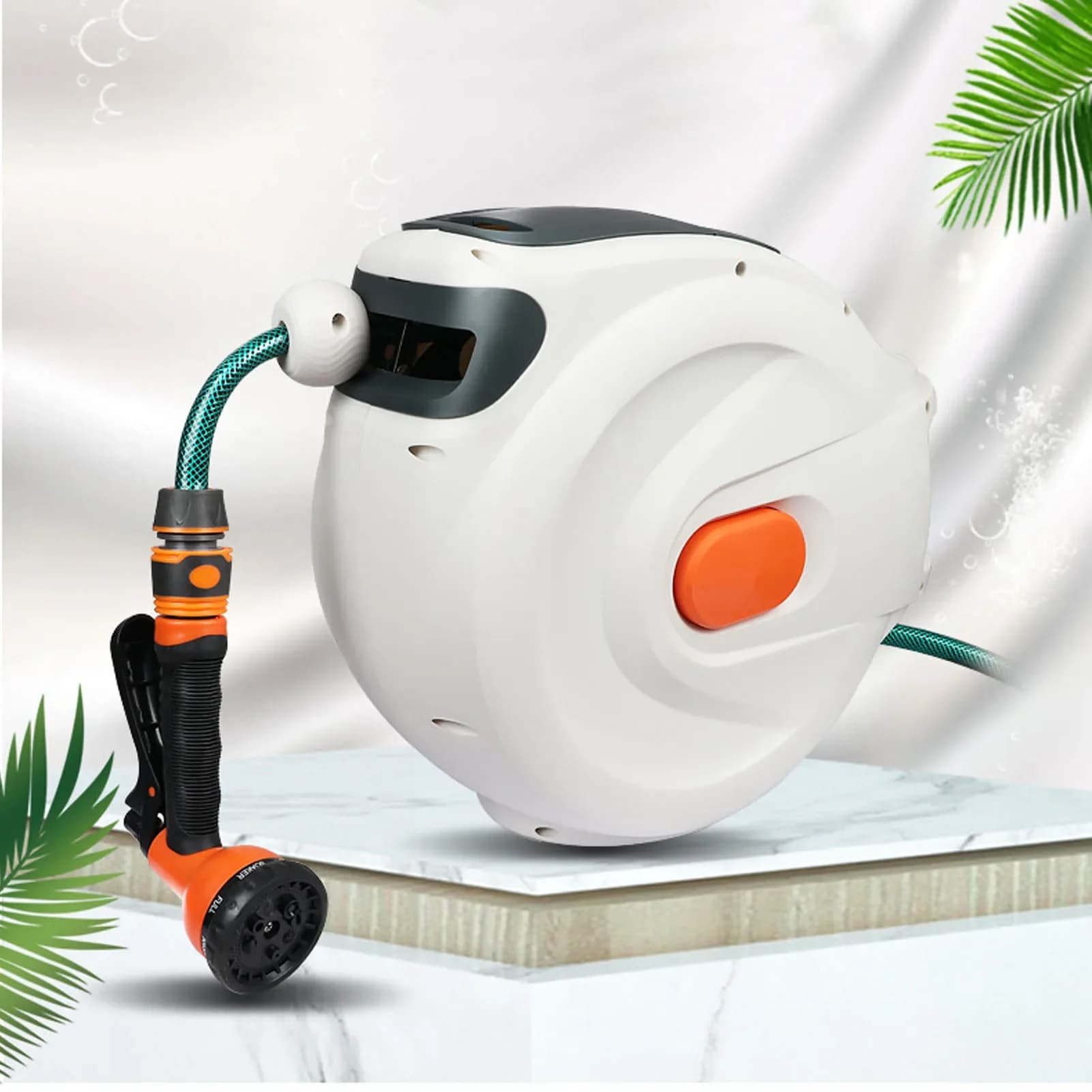 Supporto a Parete Autoportante con Ugello Spruzzatore, Lunghezza Regolabile, Blocco e Ritorno Lento 180° ° Avvolgitubo da Giardino Girevole Retrattile 10m